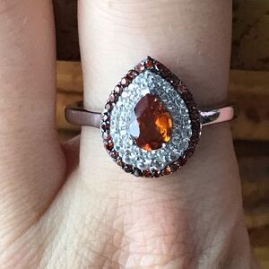 Natural Orange Garnet Sterling Silver Teardrop Ring Size 10